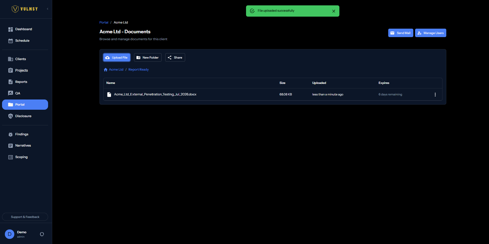Client document portal with secure report sharing