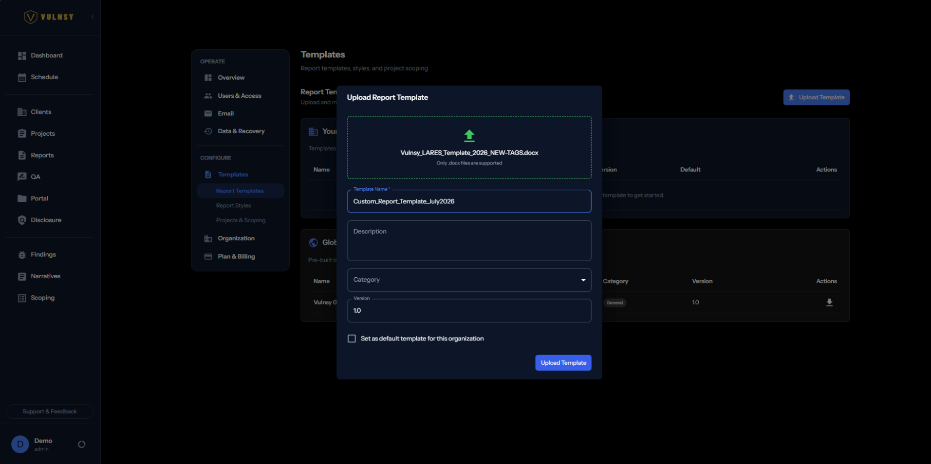 Custom report template editor in Vulnsy