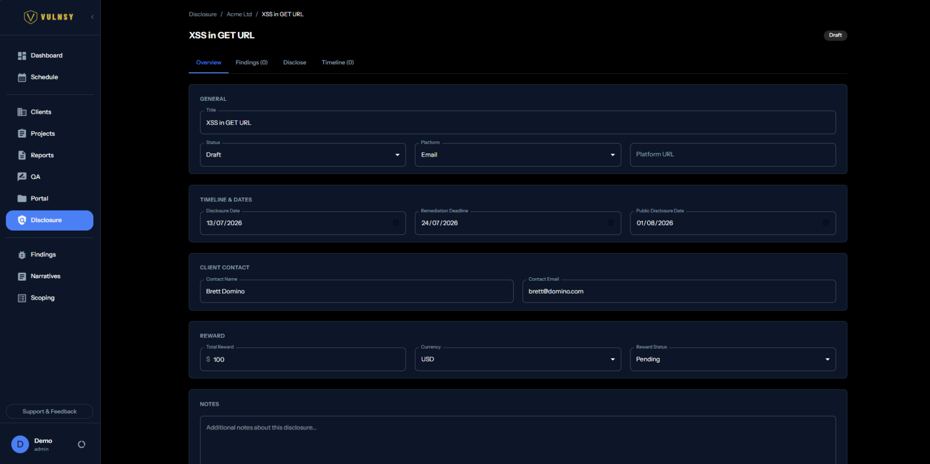 Coordinated disclosure tracking in Vulnsy