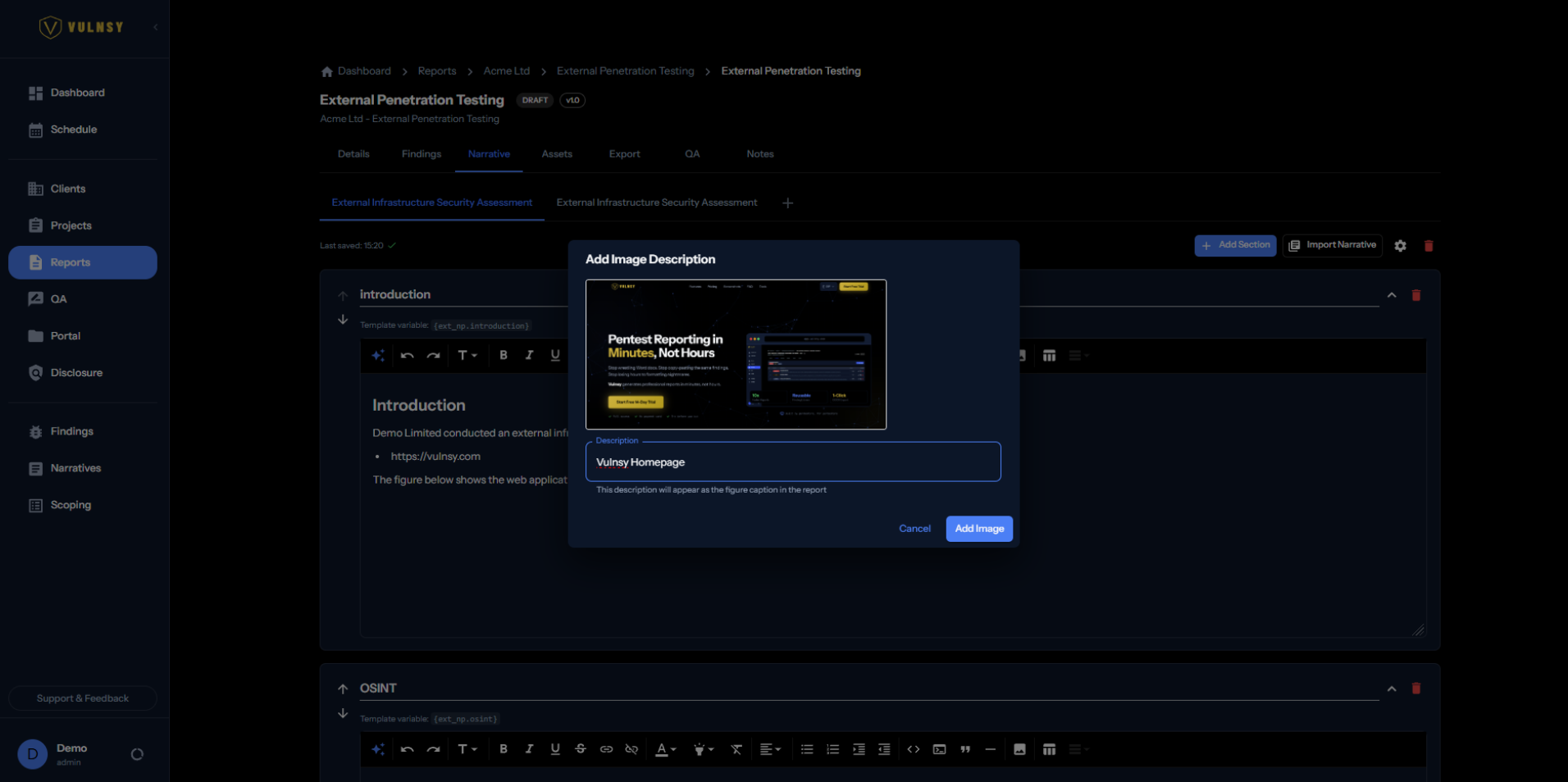 Screenshot and PoC evidence attached to a finding in Vulnsy