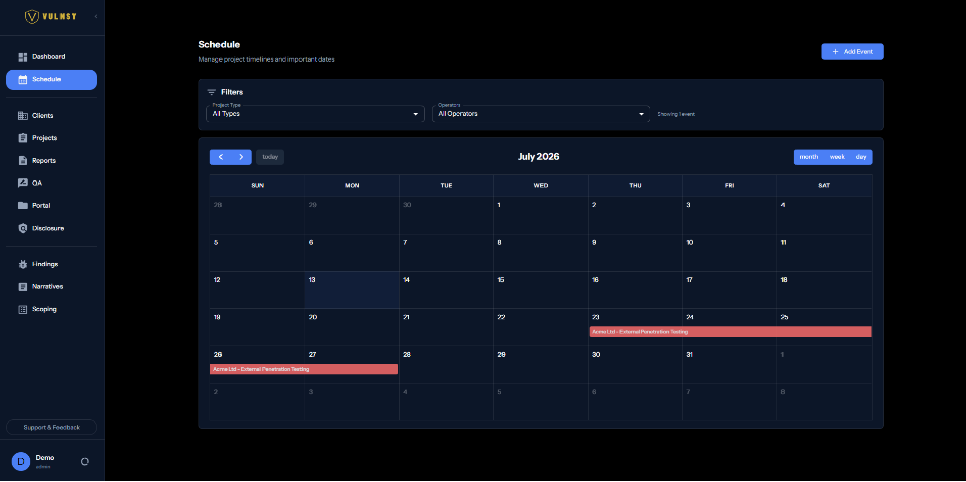 Engagement scheduling calendar in Vulnsy