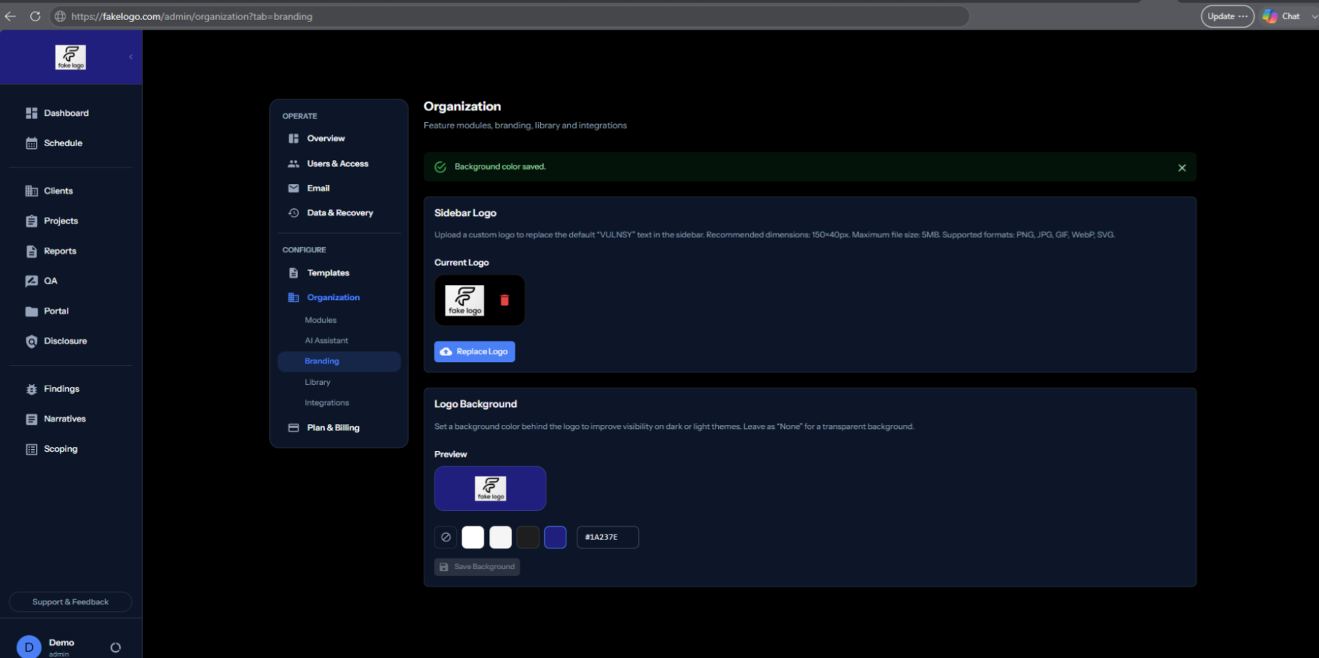 Vulnsy branding settings running white-labelled on a custom domain